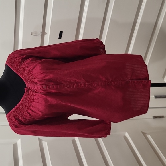 BASIC EDITIONS WOMAN'S DARK RED BUTTON UP BLOUSE 3/4  PUFFY SLEEVES SIZE 2X - Picture 4 of 8